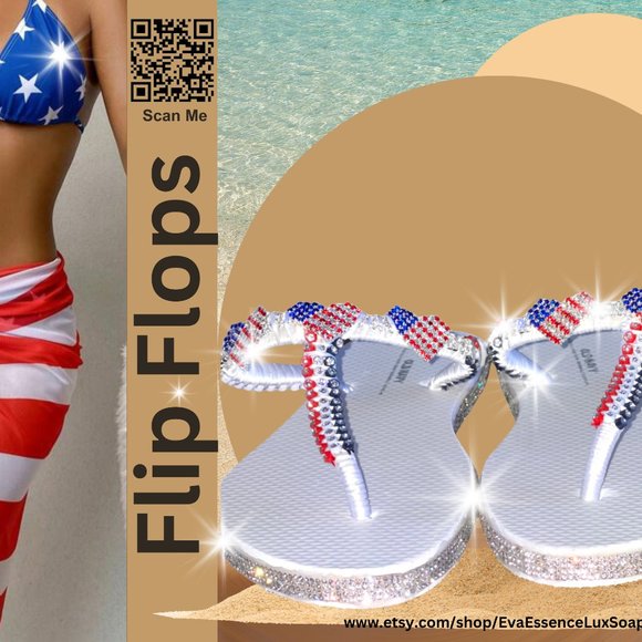 Flip Flops, T-Strap Flip Flops, Women Sandals, Ladies Shoes, Independence Day - Picture 9 of 16